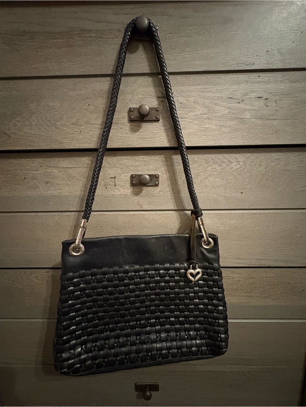 Vintage Brighton Black Woven Shoulder Bag with Heart Charm - Women